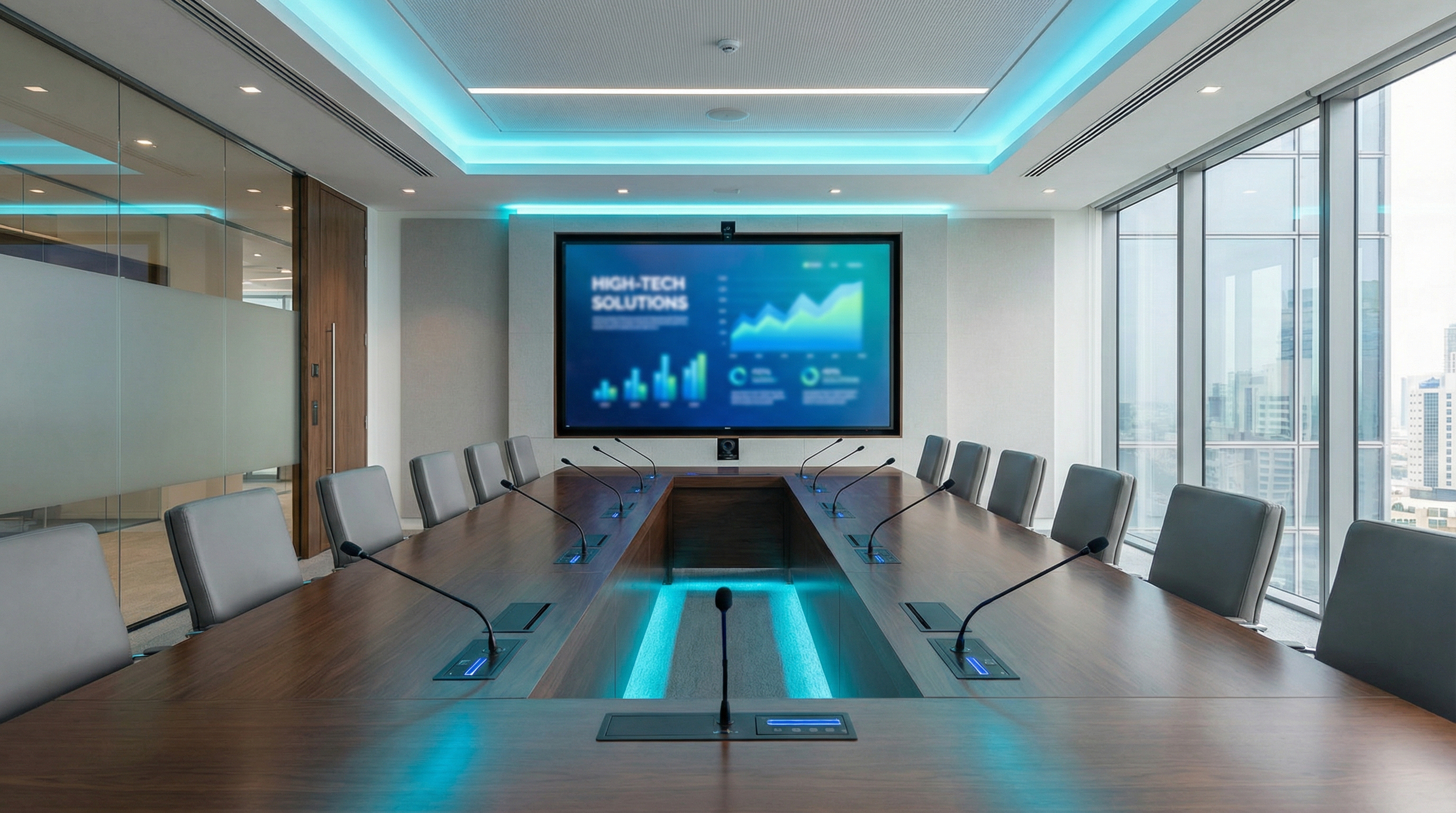 現代會議室，展示 Q-SYS 軟體定義 AV 系統